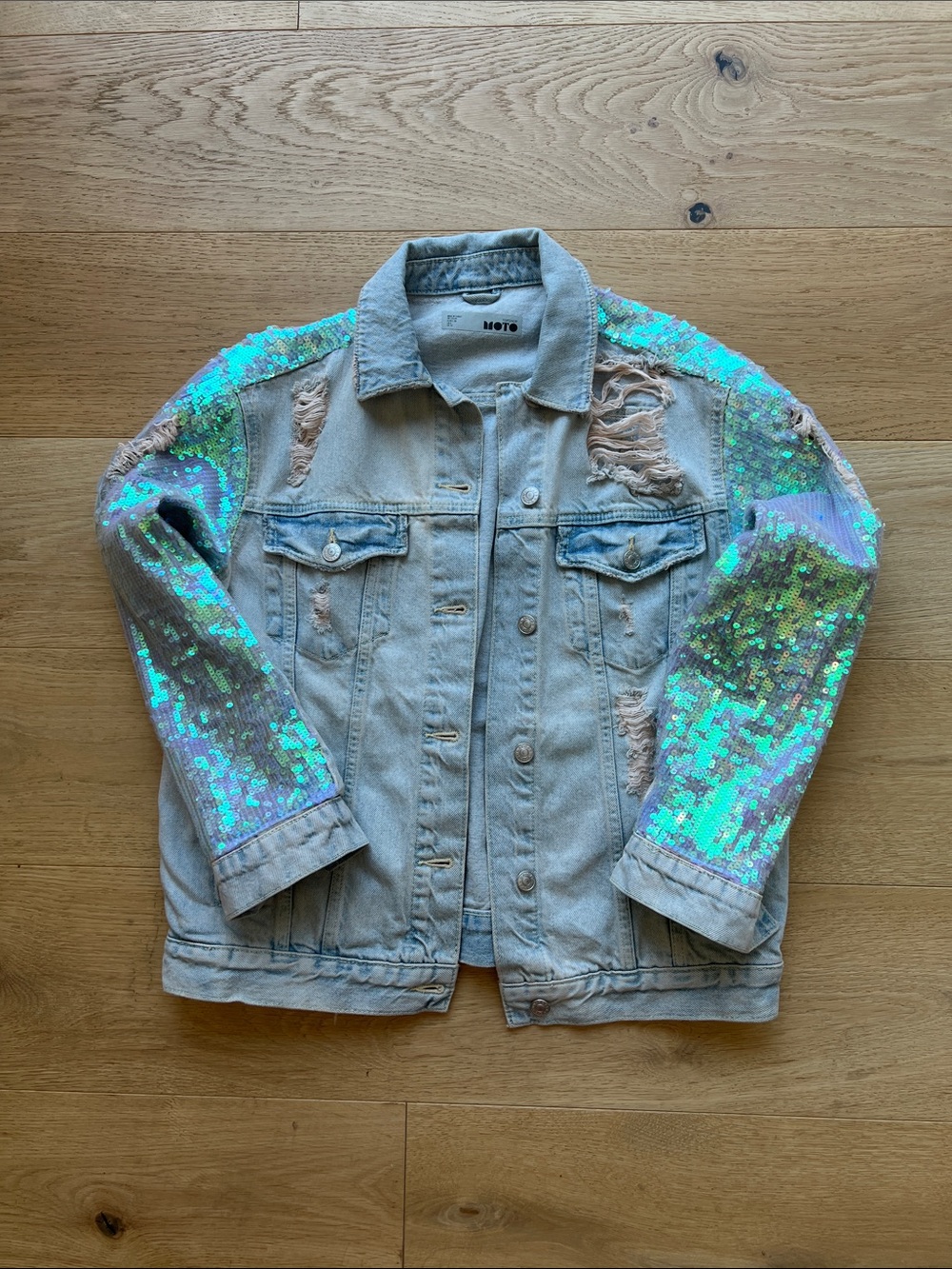 Topshop Light Wash Denim Jacket with Aqua Iridescent Sequin Sleeves